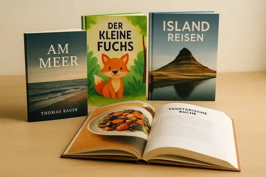 Verschiedene gedruckte Bücher - Roman, Kinderbuch, Fotobuch und Kochbuch